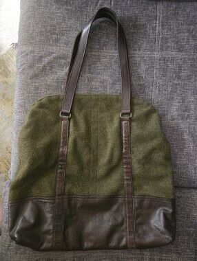 Vintage High Quality Olive Green Wool Felt and Brown Leather Tote Bag